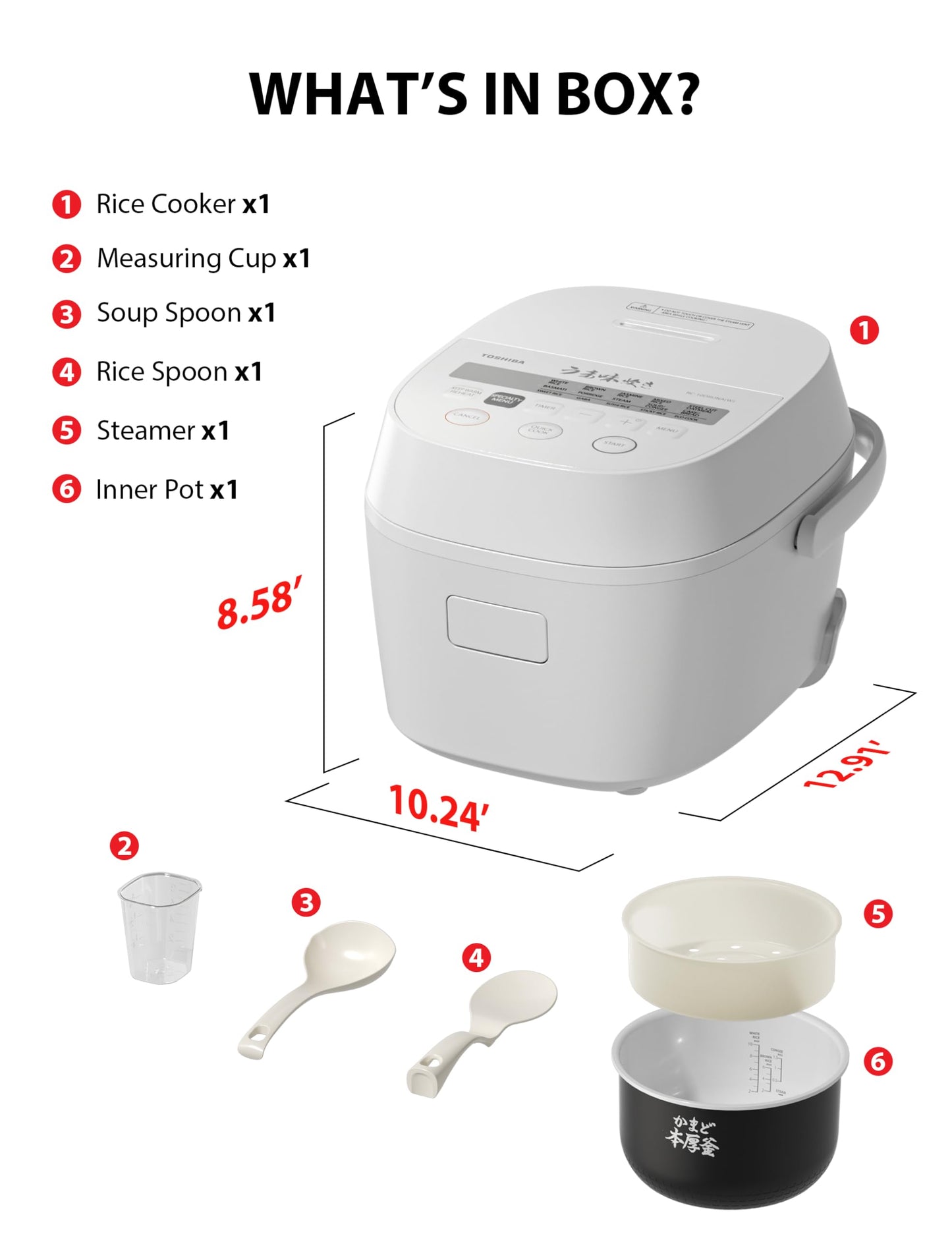 Toshiba Rice Cooker 6 Cup Uncooked – Japanese Rice Cooker with Fuzzy Logic Technology, 7 Cooking Functions, Digital Display, 2 Delay Timers and Auto Keep Warm, Non-Stick Inner Pot, White