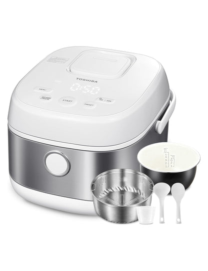 Toshiba Rice Cooker 6 Cup Uncooked – Japanese Rice Cooker with Fuzzy Logic Technology, 7 Cooking Functions, Digital Display, 2 Delay Timers and Auto Keep Warm, Non-Stick Inner Pot, White
