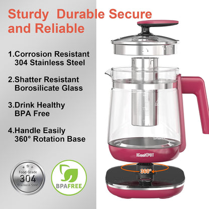 1200w Electric Kettle, 1.5L Borosilicate Glass tea kettle, Hot water kettle electric for Coffee or Tea, BPA Free, Auto Shut-Off, Stainless Steel, Fast Boil, Black