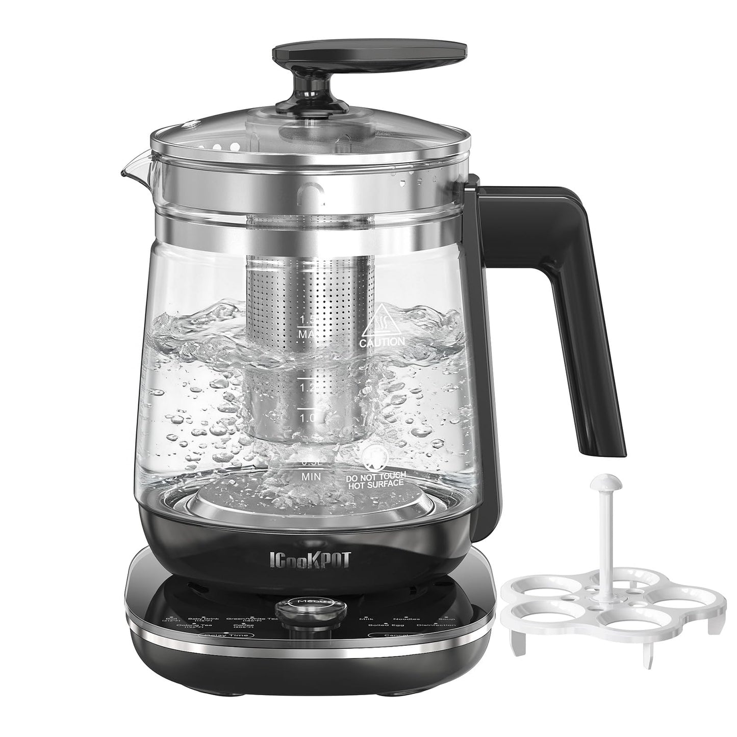 1200w Electric Kettle, 1.5L Borosilicate Glass tea kettle, Hot water kettle electric for Coffee or Tea, BPA Free, Auto Shut-Off, Stainless Steel, Fast Boil, Black
