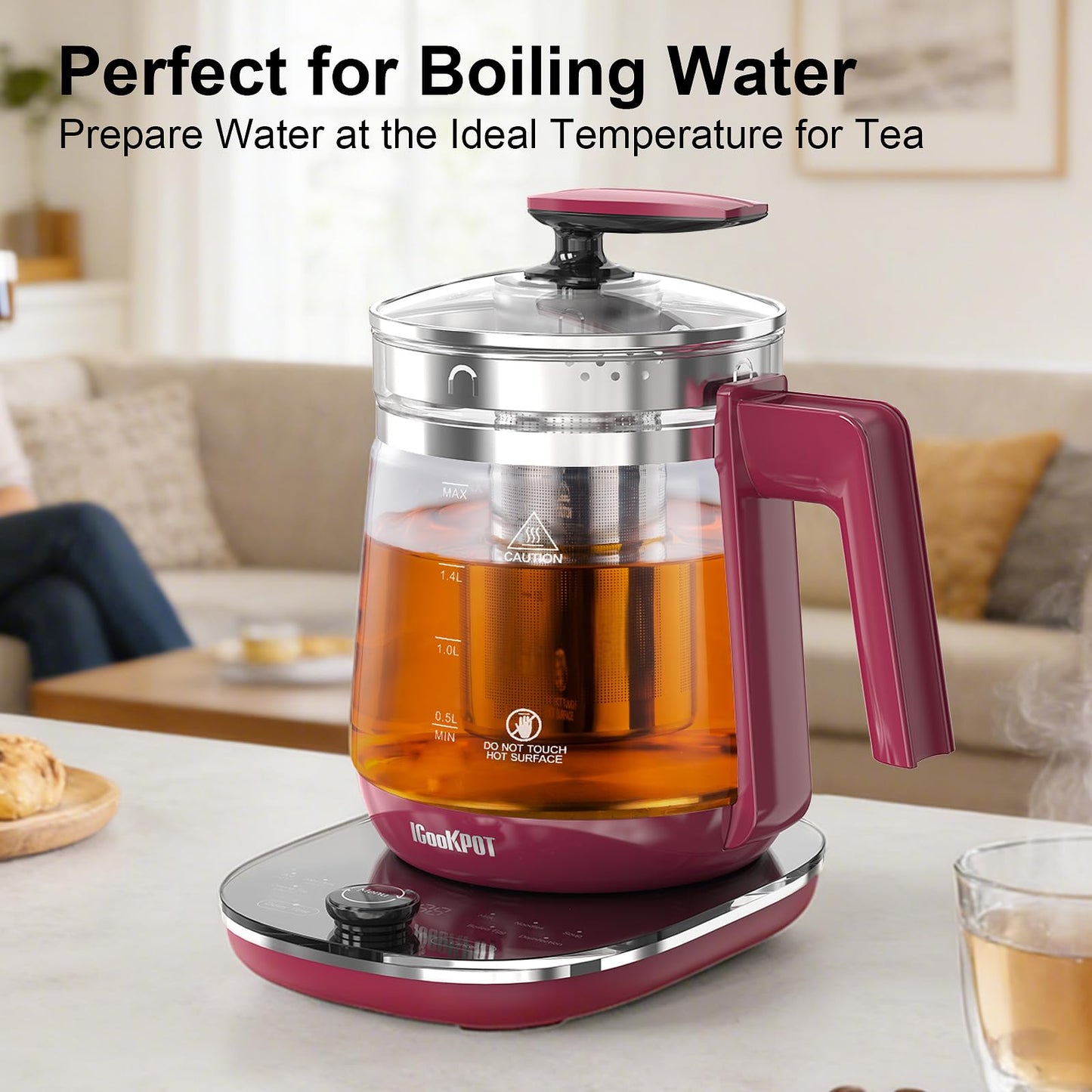 1200w Electric Kettle, 1.5L Borosilicate Glass tea kettle, Hot water kettle electric for Coffee or Tea, BPA Free, Auto Shut-Off, Stainless Steel, Fast Boil, Black