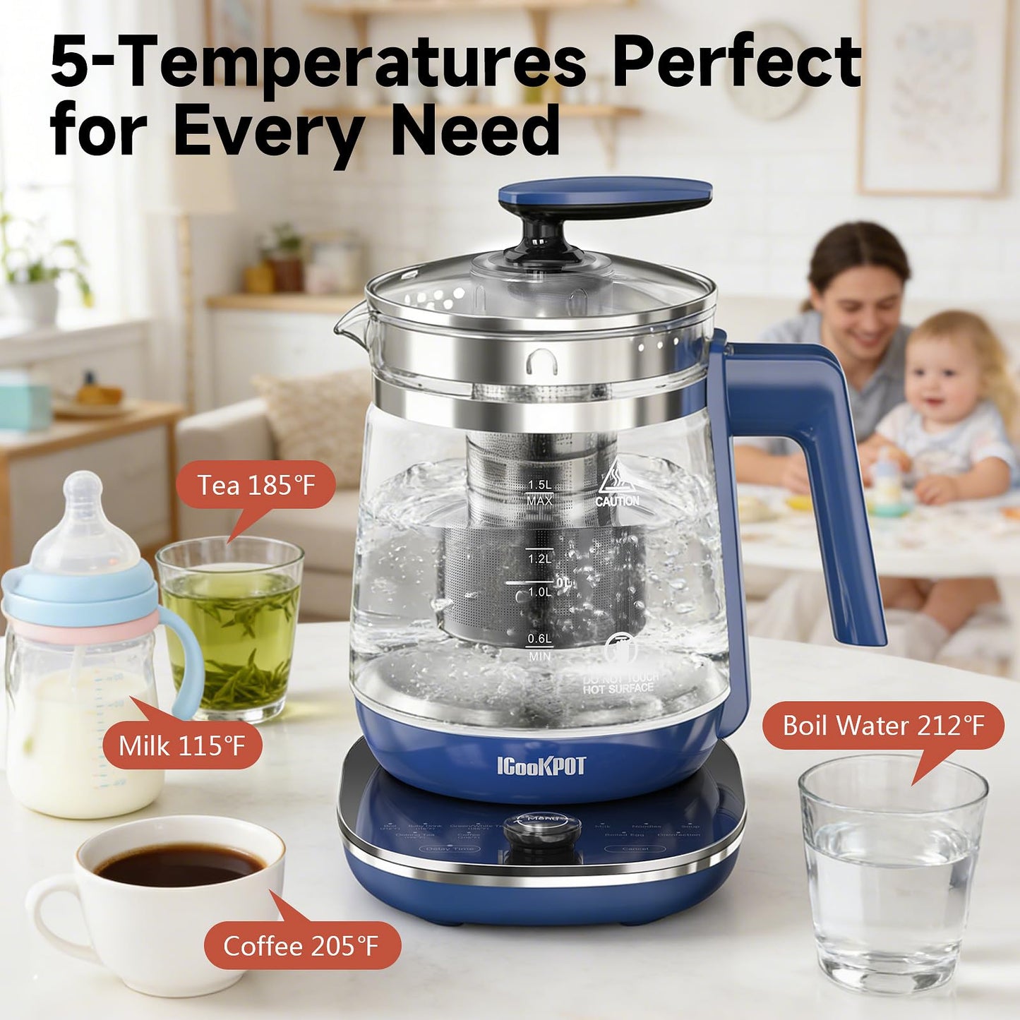 1200w Electric Kettle, 1.5L Borosilicate Glass tea kettle, Hot water kettle electric for Coffee or Tea, BPA Free, Auto Shut-Off, Stainless Steel, Fast Boil, Black