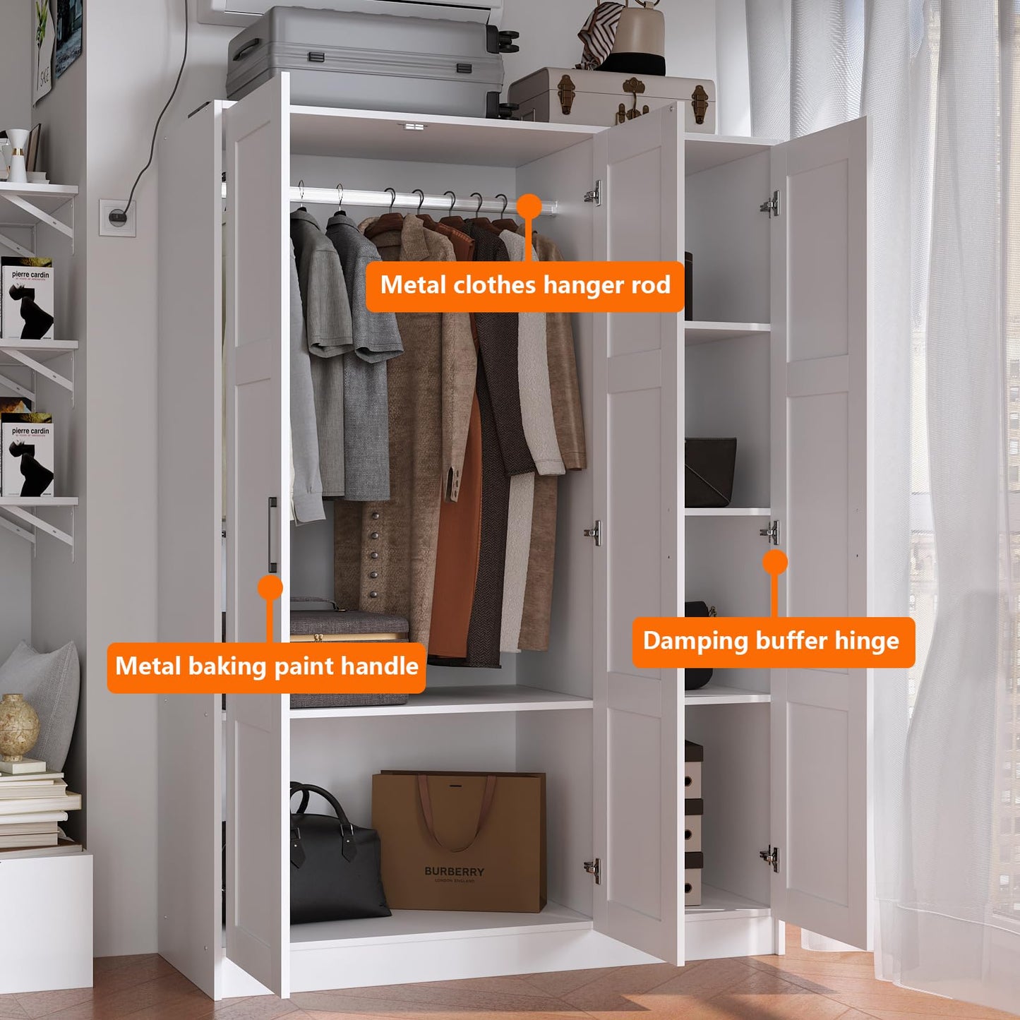 Fenghua Lizhi 3 Doors Wooden Wardrobe Closet Armoire, White Storage Cabinet for Hanging Clothes, Bedroom Large Capacity Freestanding Armoire,Wood Wardrobe Combination with Shelves (2drawer, White)