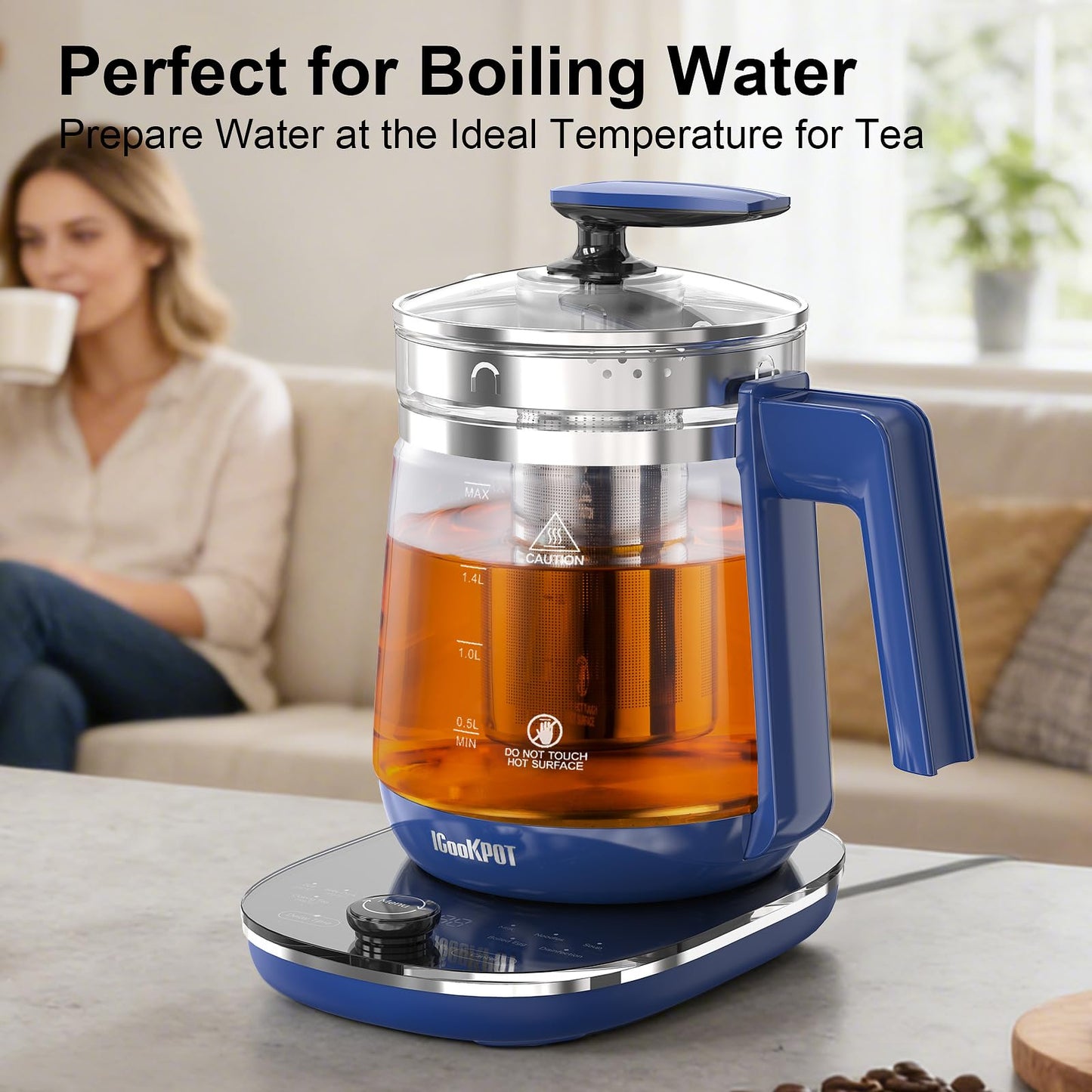 1200w Electric Kettle, 1.5L Borosilicate Glass tea kettle, Hot water kettle electric for Coffee or Tea, BPA Free, Auto Shut-Off, Stainless Steel, Fast Boil, Black