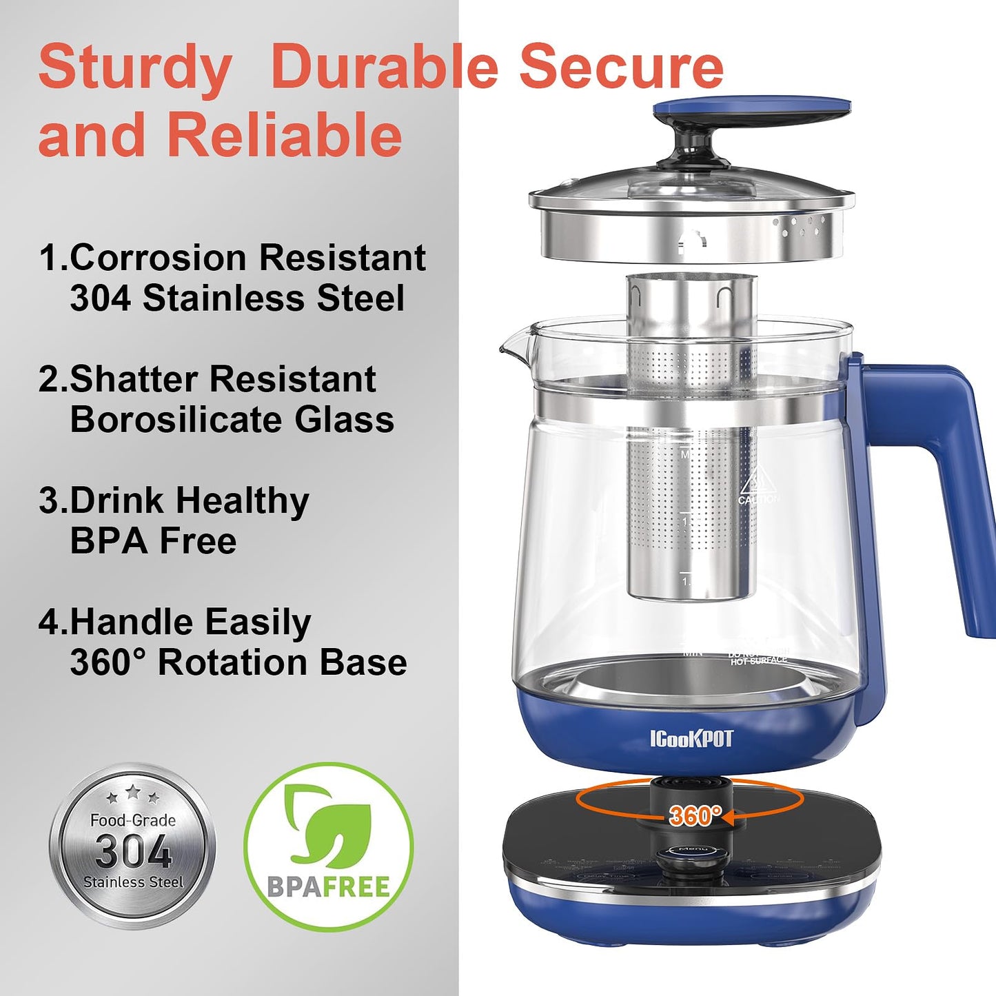 1200w Electric Kettle, 1.5L Borosilicate Glass tea kettle, Hot water kettle electric for Coffee or Tea, BPA Free, Auto Shut-Off, Stainless Steel, Fast Boil, Black