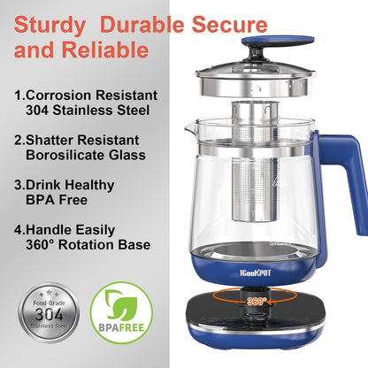 1200w Electric Kettle, 1.5L Borosilicate Glass tea kettle, Hot water kettle electric for Coffee or Tea, BPA Free, Auto Shut-Off, Stainless Steel, Fast Boil, Black