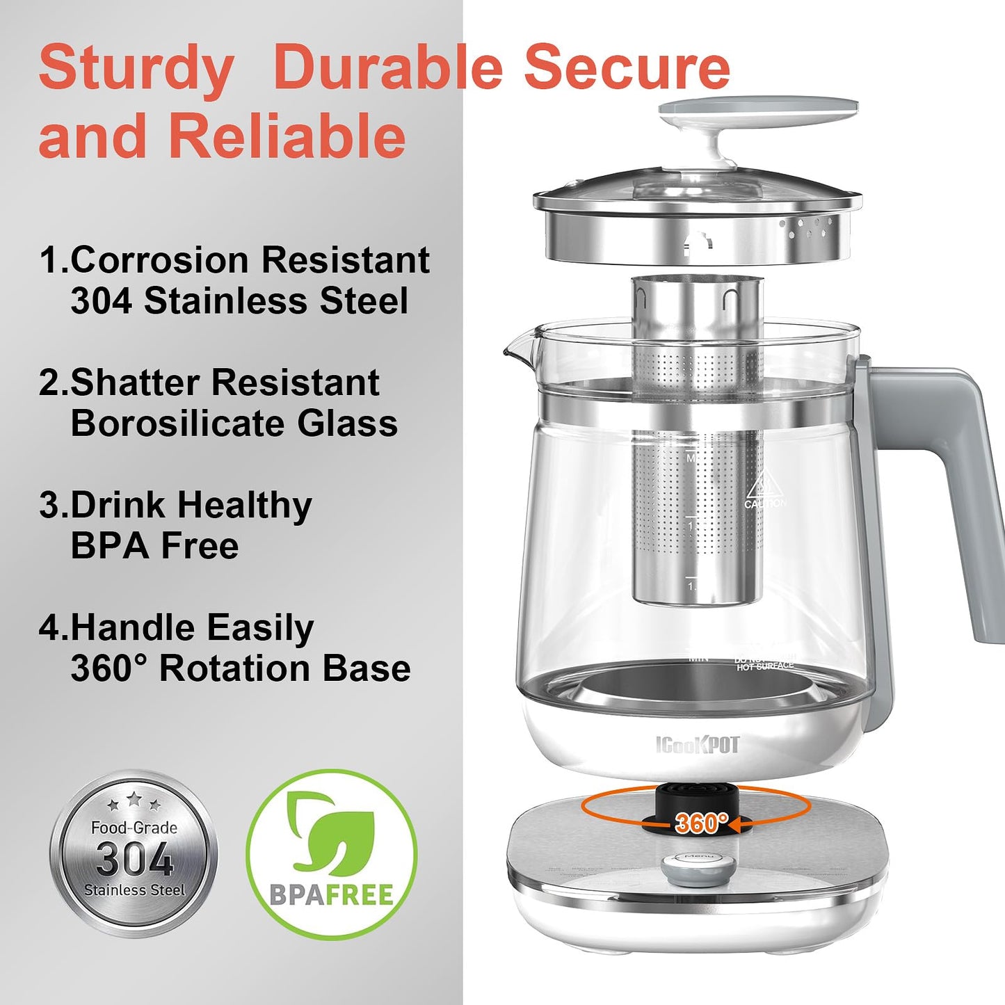 1200w Electric Kettle, 1.5L Borosilicate Glass tea kettle, Hot water kettle electric for Coffee or Tea, BPA Free, Auto Shut-Off, Stainless Steel, Fast Boil, Black
