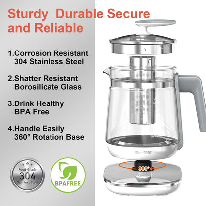 1200w Electric Kettle, 1.5L Borosilicate Glass tea kettle, Hot water kettle electric for Coffee or Tea, BPA Free, Auto Shut-Off, Stainless Steel, Fast Boil, Black
