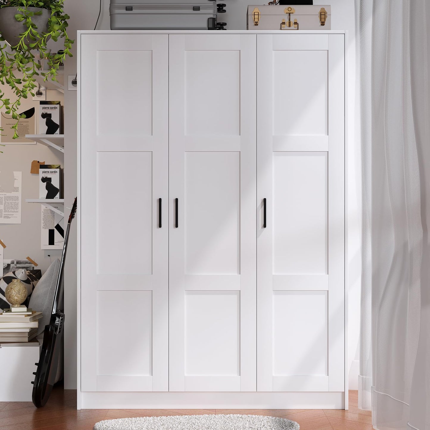 Fenghua Lizhi 3 Doors Wooden Wardrobe Closet Armoire, White Storage Cabinet for Hanging Clothes, Bedroom Large Capacity Freestanding Armoire,Wood Wardrobe Combination with Shelves (2drawer, White)