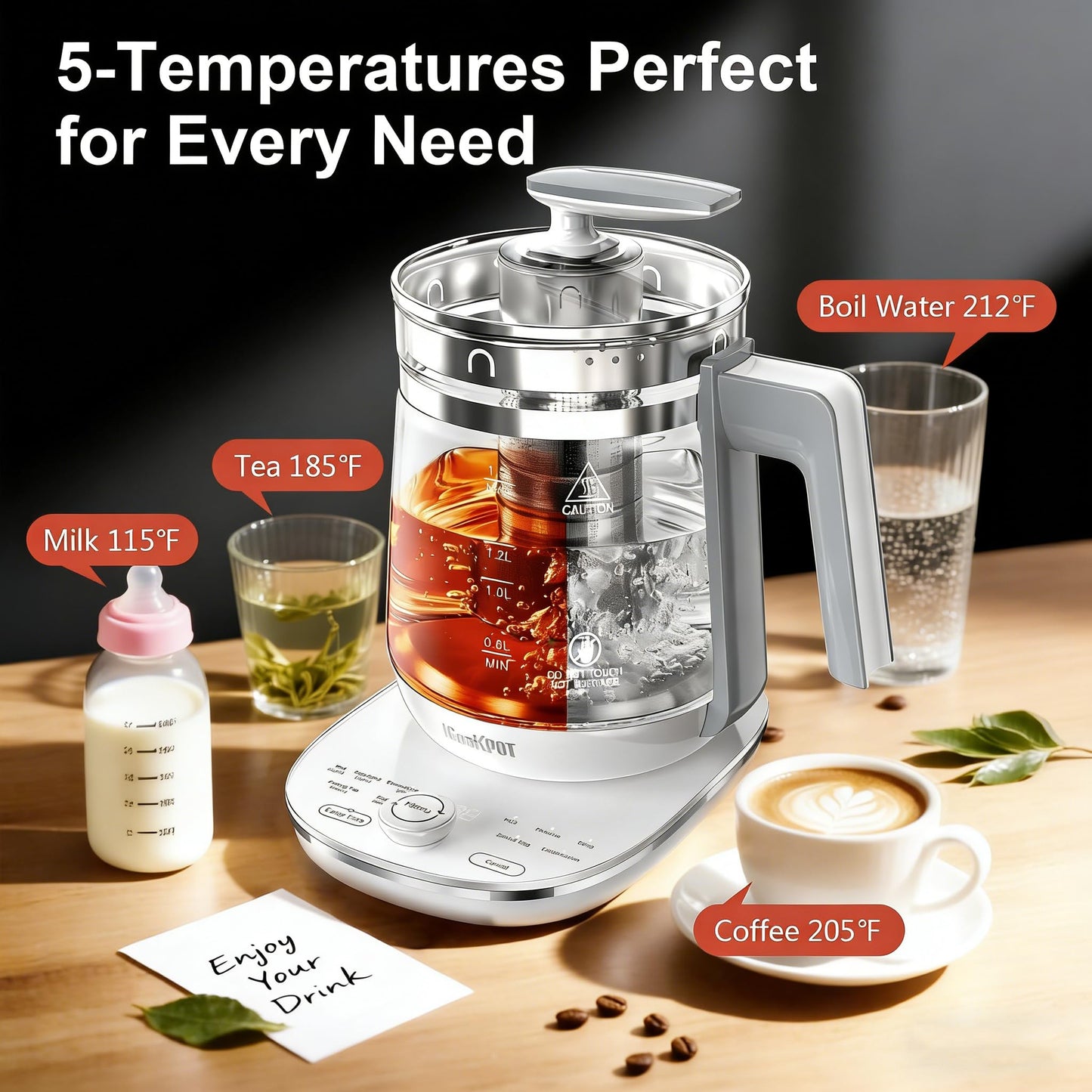 1200w Electric Kettle, 1.5L Borosilicate Glass tea kettle, Hot water kettle electric for Coffee or Tea, BPA Free, Auto Shut-Off, Stainless Steel, Fast Boil, Black