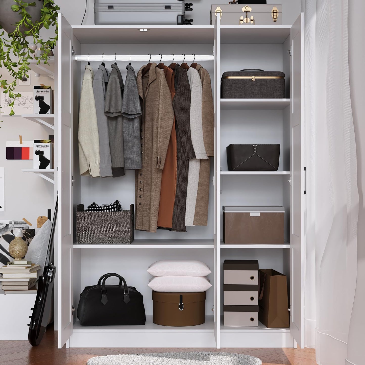 Fenghua Lizhi 3 Doors Wooden Wardrobe Closet Armoire, White Storage Cabinet for Hanging Clothes, Bedroom Large Capacity Freestanding Armoire,Wood Wardrobe Combination with Shelves (2drawer, White)